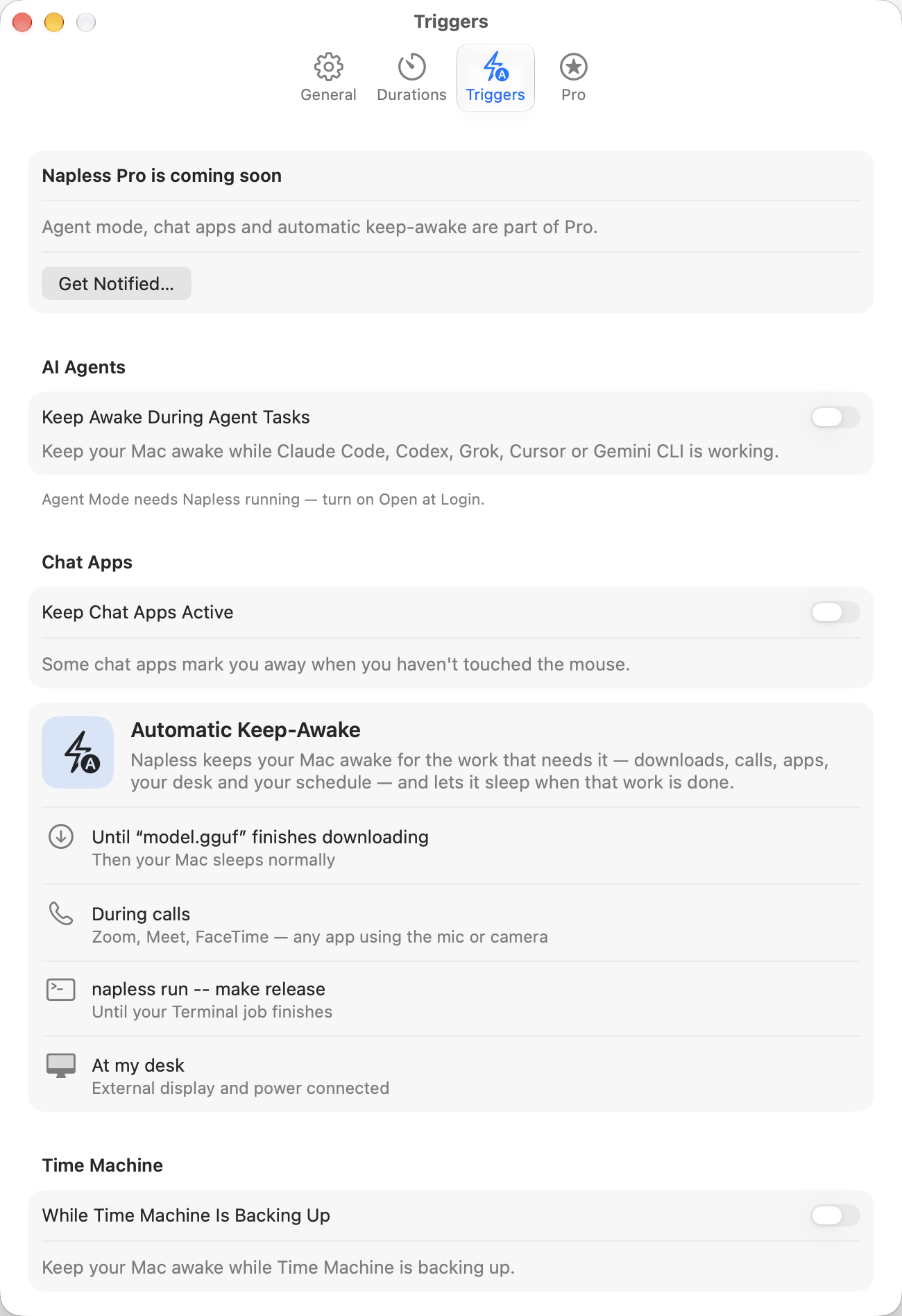 Napless Settings, Automatic Keep-Awake pane